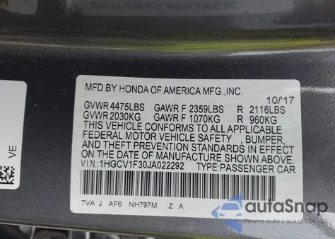 2018 Honda Accord Sport из США, поврежденный, VIN 1HGCV1F30JA022292